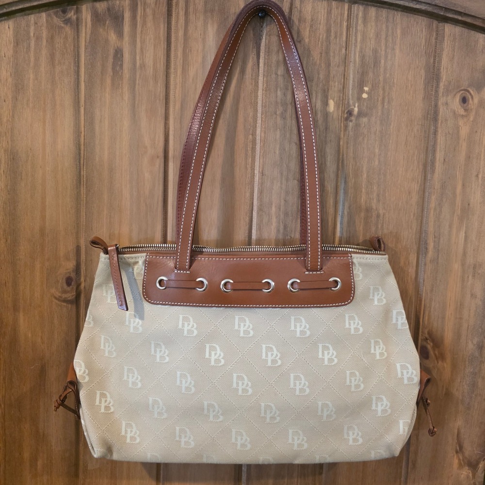 Dooney & Bourke Tote Bag Womens Large Beige Good Monogram Canvas Leather Trim